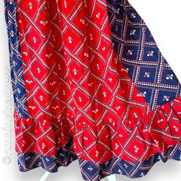 Vintage 70’s Prairie Maxi Skirt Blue & Red Calico Floral Print Ruffle Hem - Picture 8 of 15